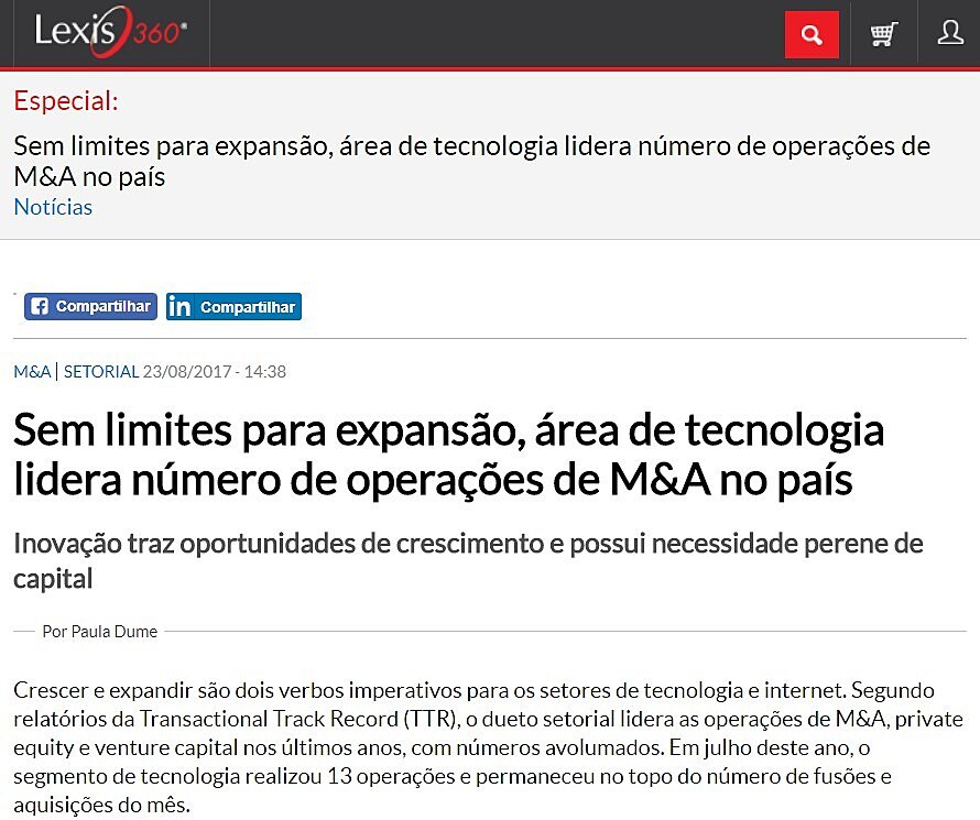 Sem limites para expanso, rea de tecnologia lidera nmero de operaes de M&A no pas